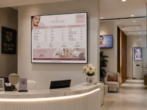 شاشة خدمات وأسعار في عيادة تجميل